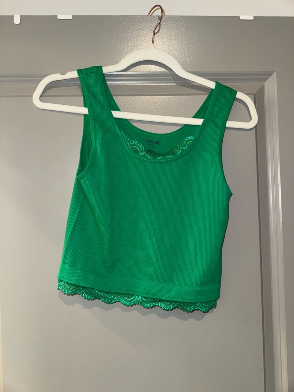 Green Ribbed Lace-Trim crop Top - Picture 2 of 2